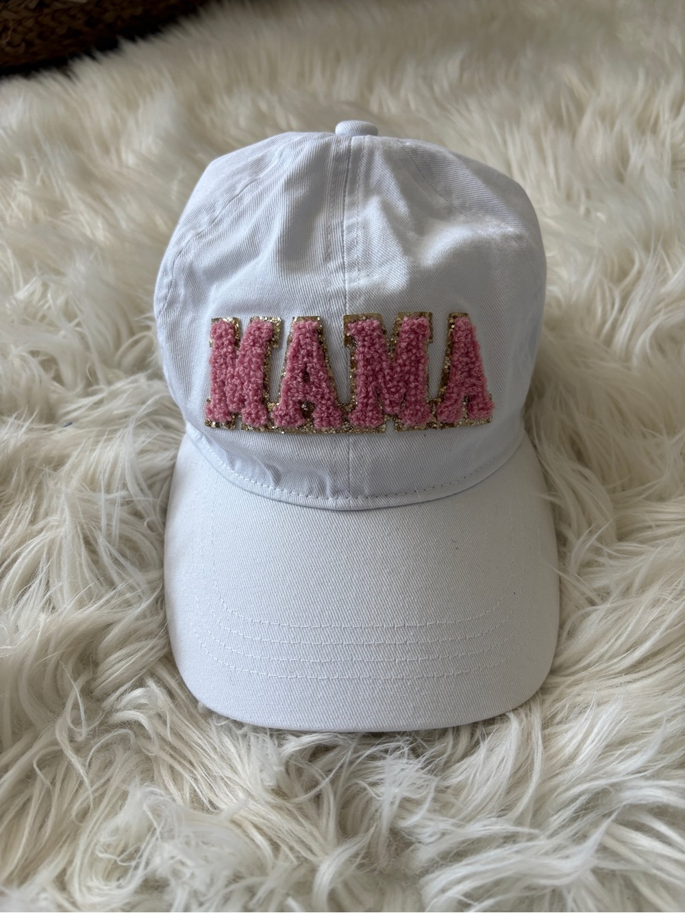 White Baseball Cap with Pink 'MAMA' Chenille Patch